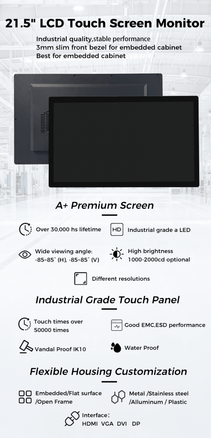 21.5 Inch Touch Screen Monitor IK7 Surface Strength For Military Industry