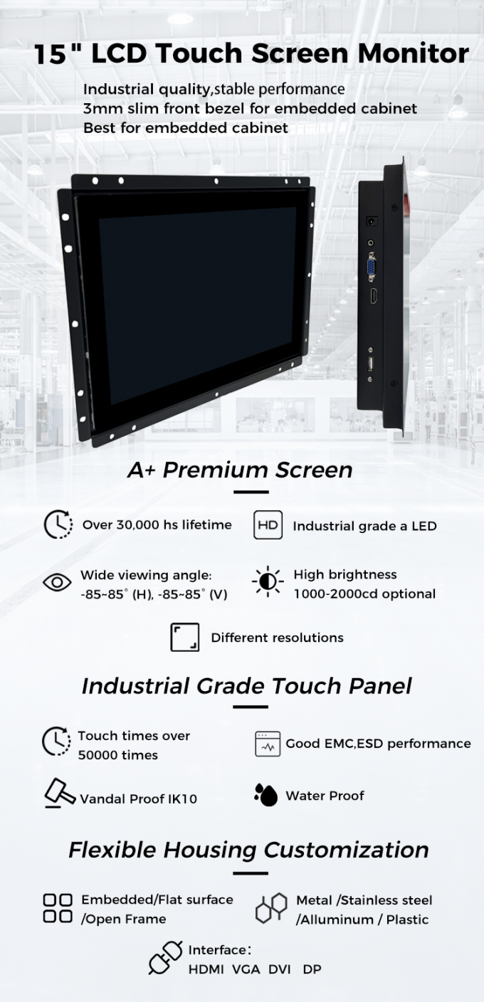 Screen Monitor 15 Industrial 15 Inch Touch Screen Monitor IP65 Open Frame UV Resistant